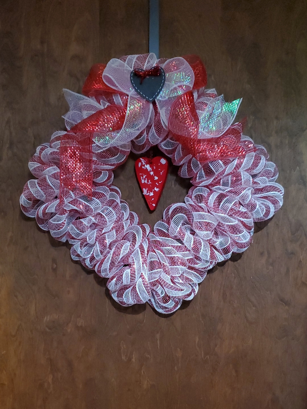 Festive Red and White Heart Wreath with Bow